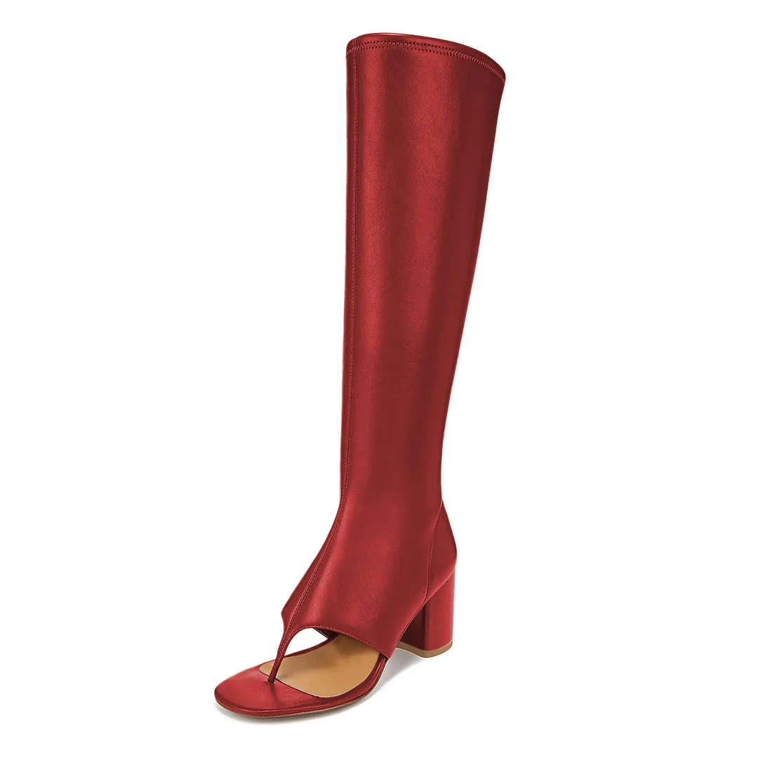 Vegan Leather Open Square Toe Side-Zip Knee High Heel Boots in Red