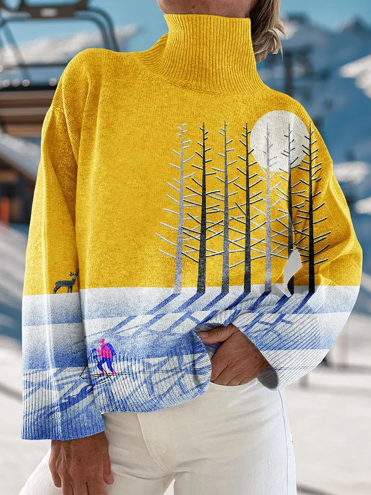 Winter Skiing Art Print Knit Turtleneck Pullover Sweater