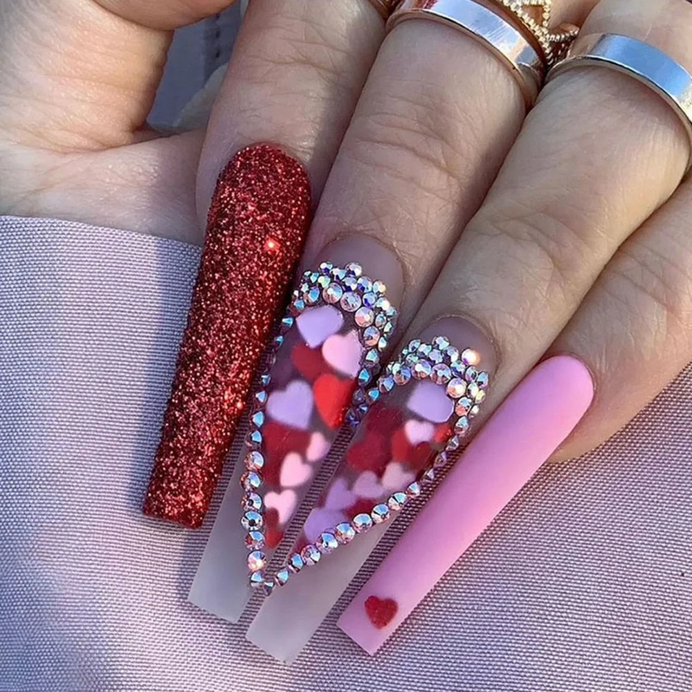 Press On Nails Red Glitter False Nails Heart Detachable Rhinestone Long Coffin Full Manicure Artificial False Nails DIY Art