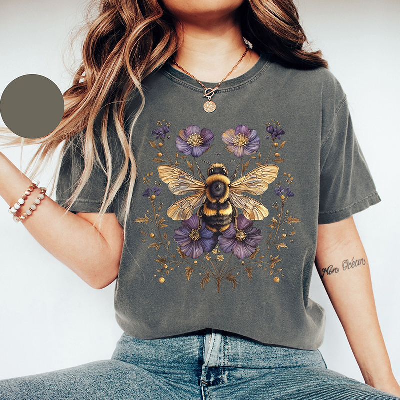 Comstylish Women's Vintage Floral Bee Farmer Casual T-Shirt