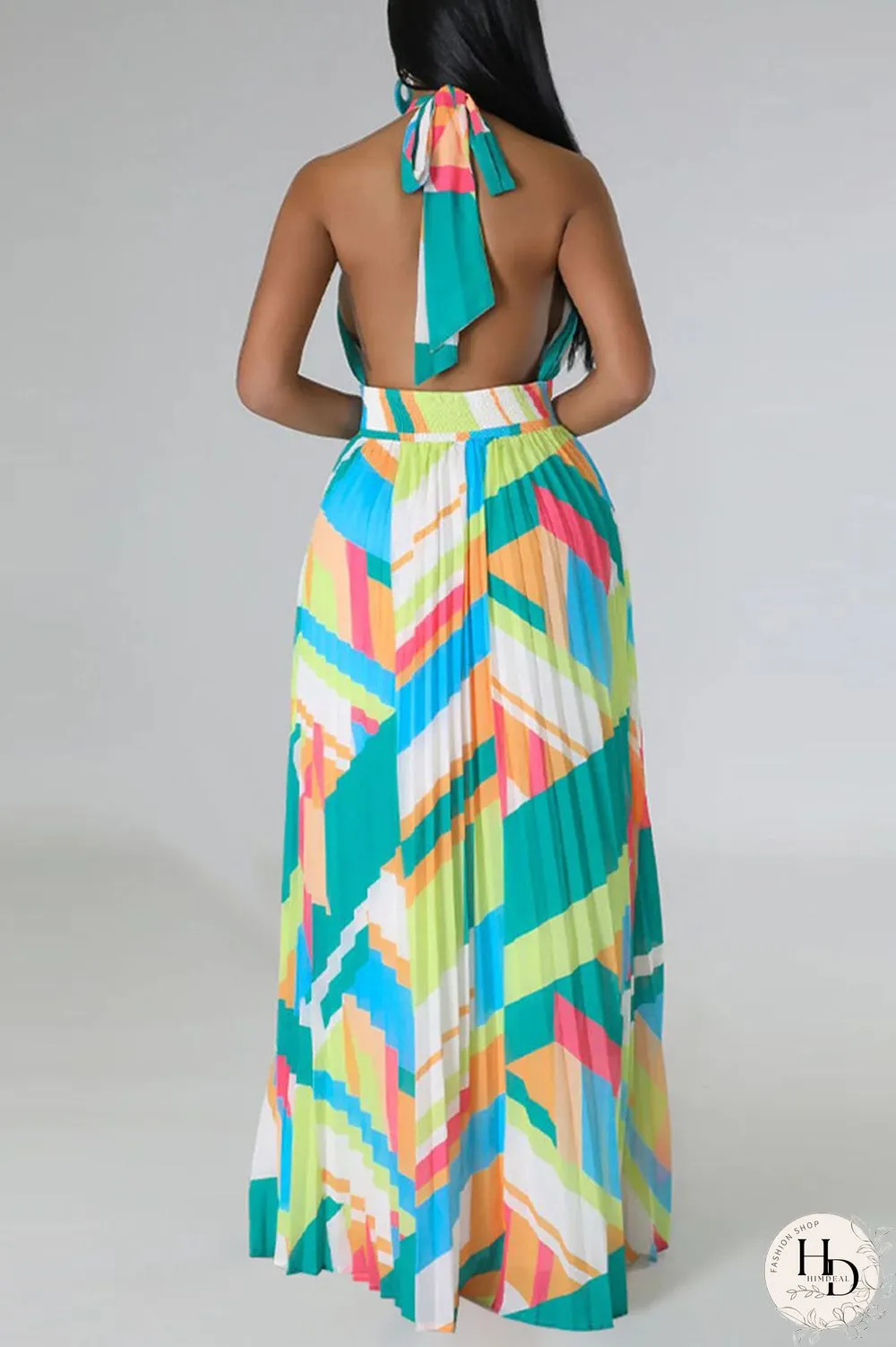 Black Sexy Print Patchwork Backless Fold Halter A Line Dresses