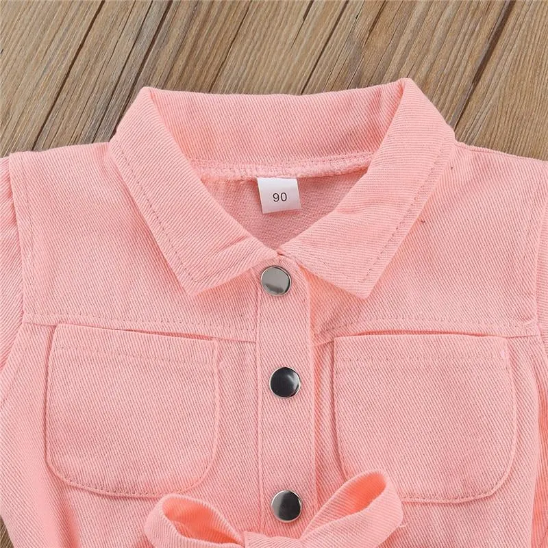 Infant Kids Baby Girls Denim Jumpsuit Work Clothes One Piece Toddler Standing Collar Pocket Short Sleeve Romper for Children