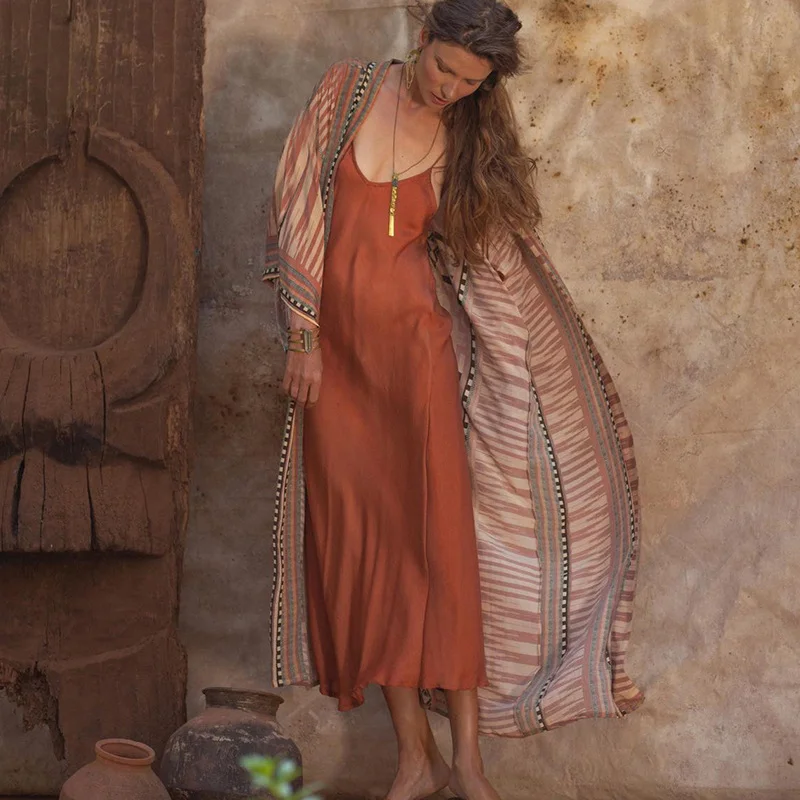 Brownm Brownm Green Geometric Cardigan Loose Plus Size Beach Sunscreen Coat Bikini Smock Swimsuit Outside A Woman