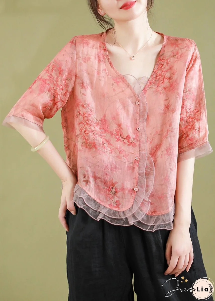 New Peach Style V Neck Button Tulle Patchwork Tops Summer