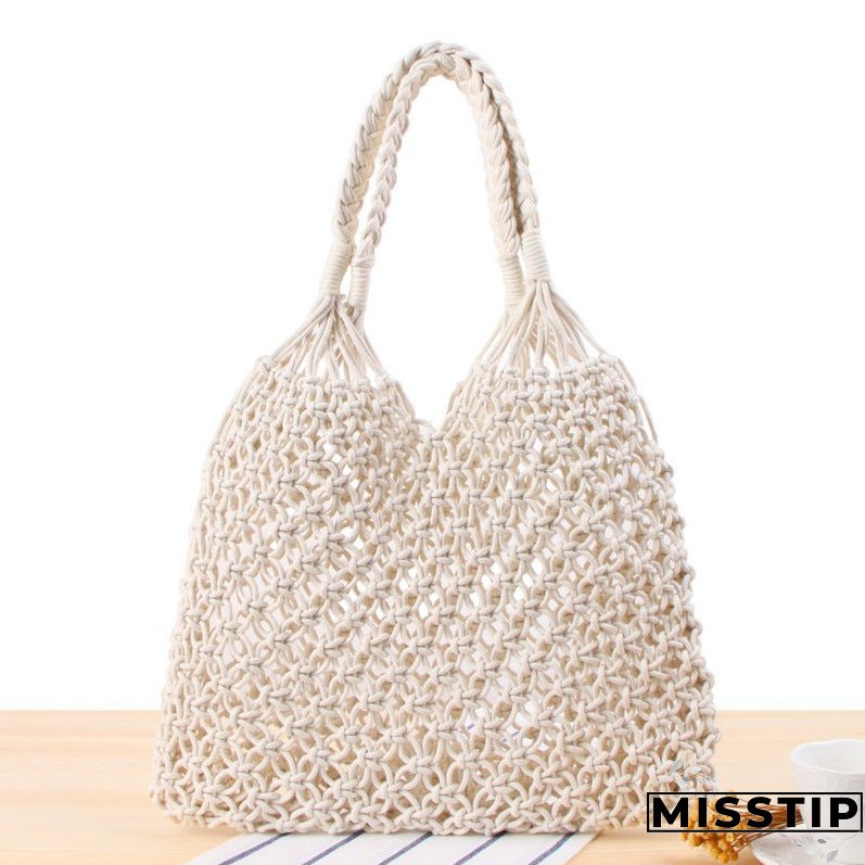 Paziye Shoulder Woven Bag Handbag Handmade Cotton Rope Net Bag Beach Bag