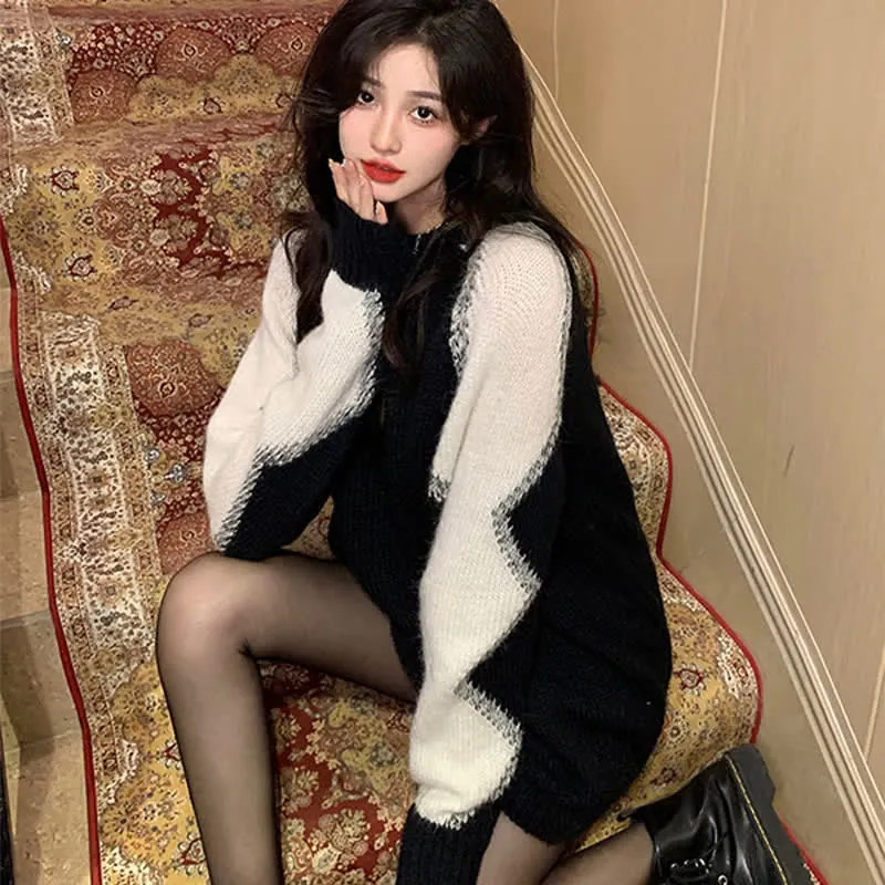 Chic Colorblock Round Collar Knit Loose Sweater