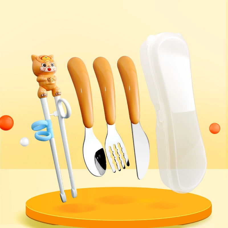 Maternal And Infant Products Portable Feeding Children’s Tableware Set Cartoon Learning Chopsticks Training Chopsticks 304 Stainless Steel Spoon Fork