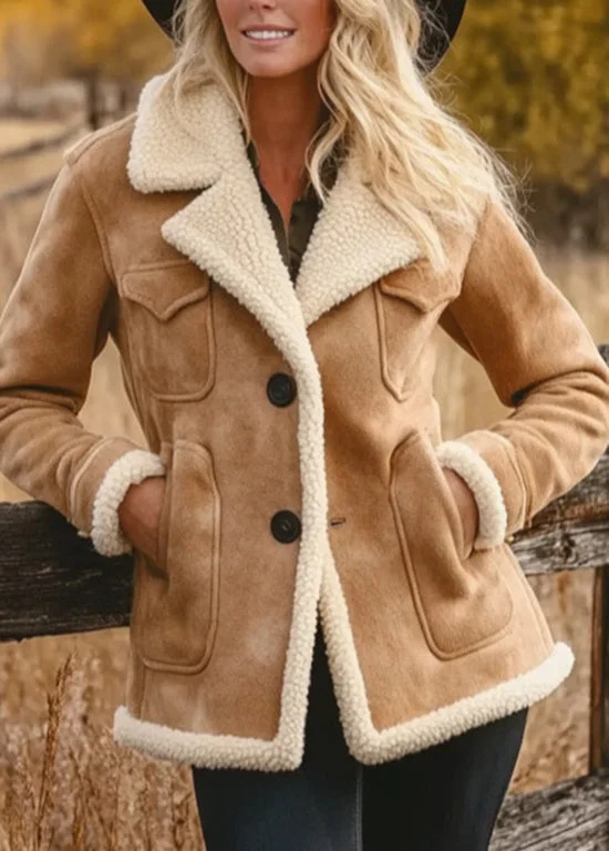 Organic Khaki Peter Pan Collar Faux Suede Fleece Wool Lined Jacket Spring