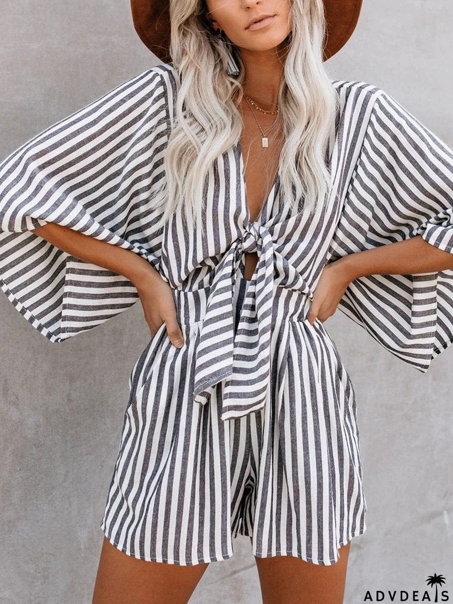 Printed Knotted Flared Sleeve Rompers