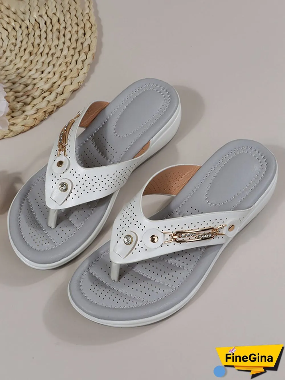 Metal Rhinestone Slope Heel Flip-Flops