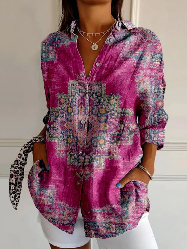 Retro Boho floral art print vintage chic V-neck button up long sleeve shirt