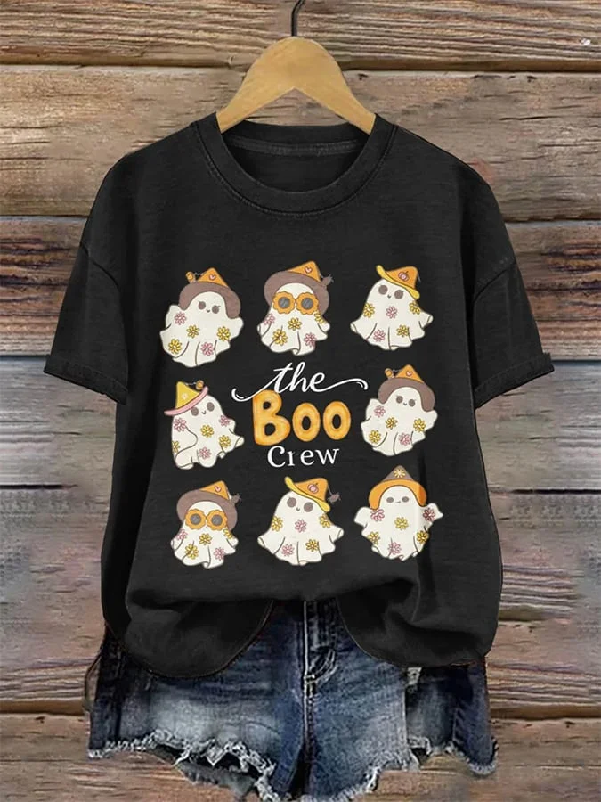 Women's The Boo Crew Ghost Spooky Season Halloween Art Print T-shirt
