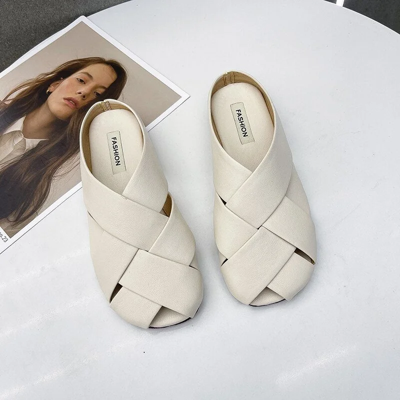 Summer Fashion Weave Women Half Slippers Outdoor Flat Slip-on Sandals Vacation Ladies Slides Women Mules Casual Shoes