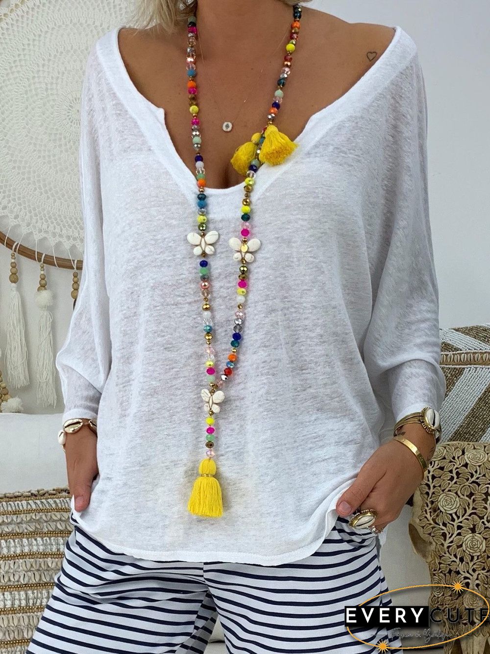 Casual V NeckSolid Cotton T-shirt