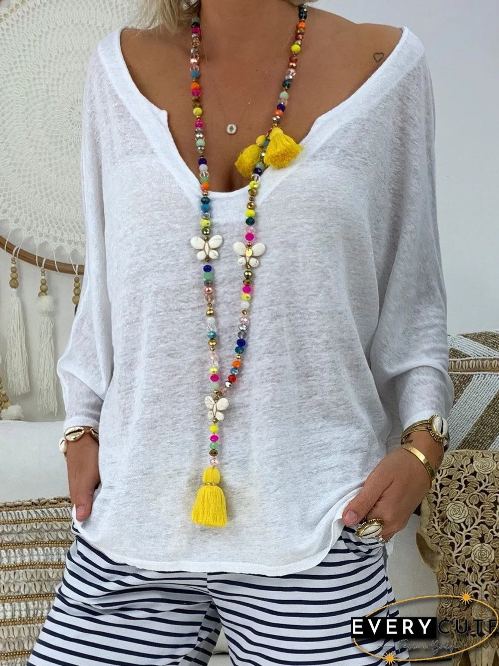 Casual V NeckSolid Cotton T-shirt