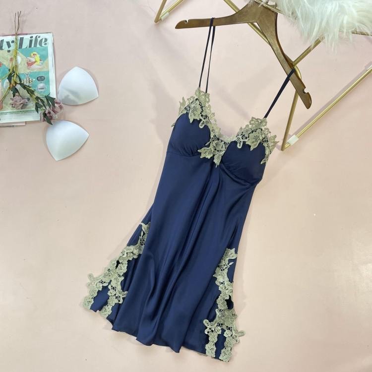 Uaang Lace Satin Nightdress Lady Strap Backless Nighty Gown Summer Sleeveless With Chest Pads Nightgown Sleepshirt Lounge Sleep Dress
