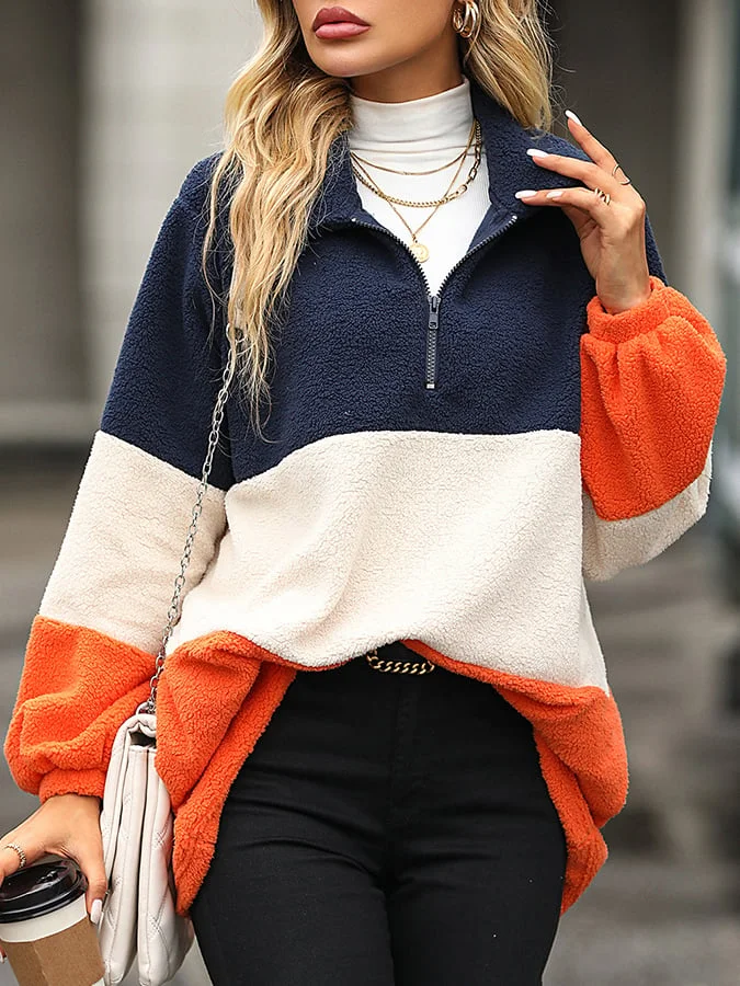 Ladies Lapel Striped Fleece Casual Sweatshirt