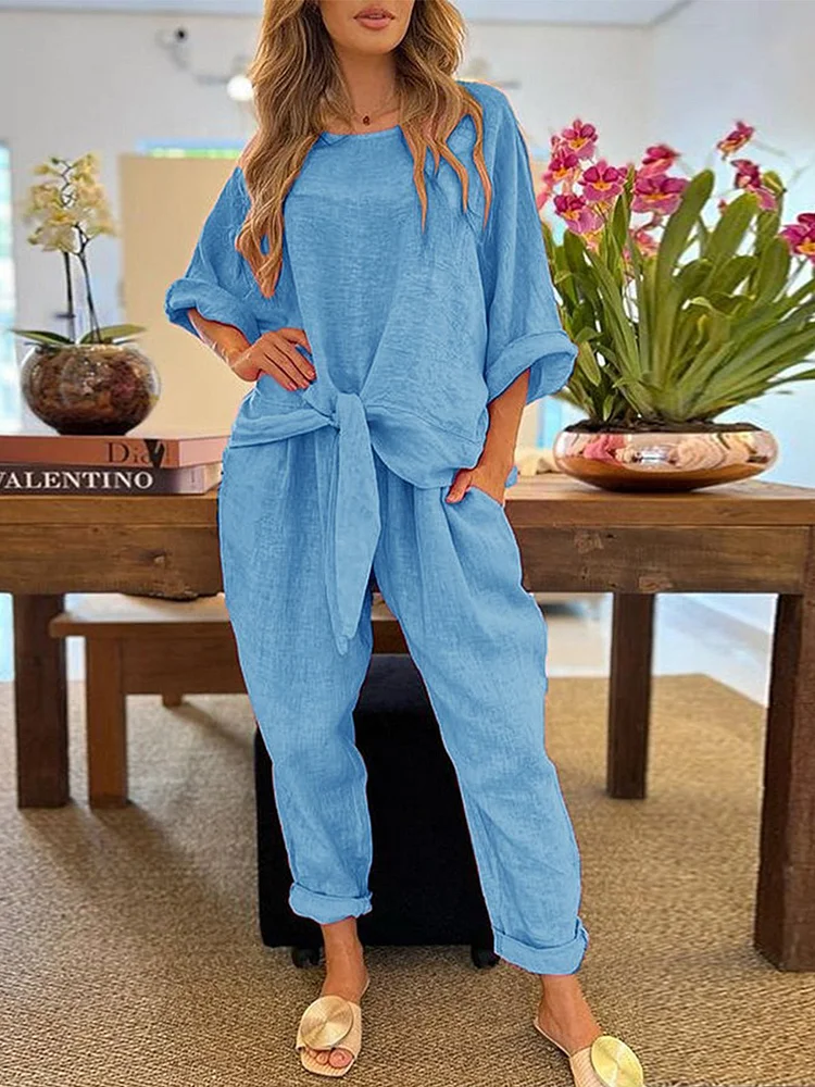 Casual Plain Autumn Loose Chemical Fiber Blend Crew Neck H-Line Regular Size Two Piece Sets For Women