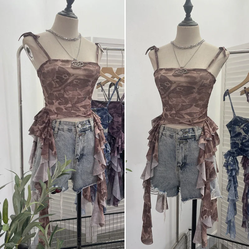 Uveng Real Shooting 2024 New Niche Babes Print Sling Vest Hem With Lotus Leaf Edge Sleeveless Top 6663