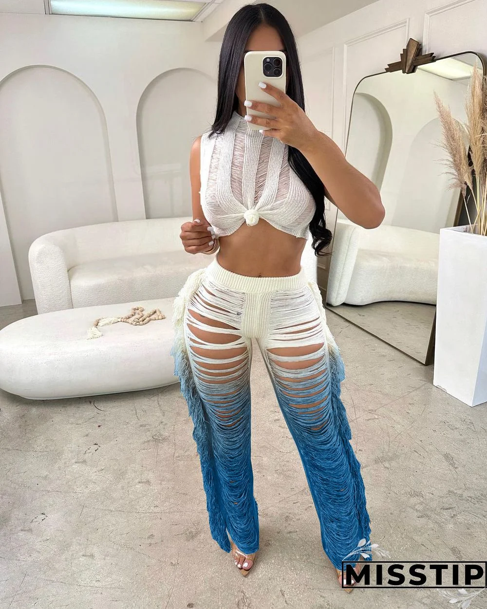 Gradient Knitted Tassel Two Piece Pants Set