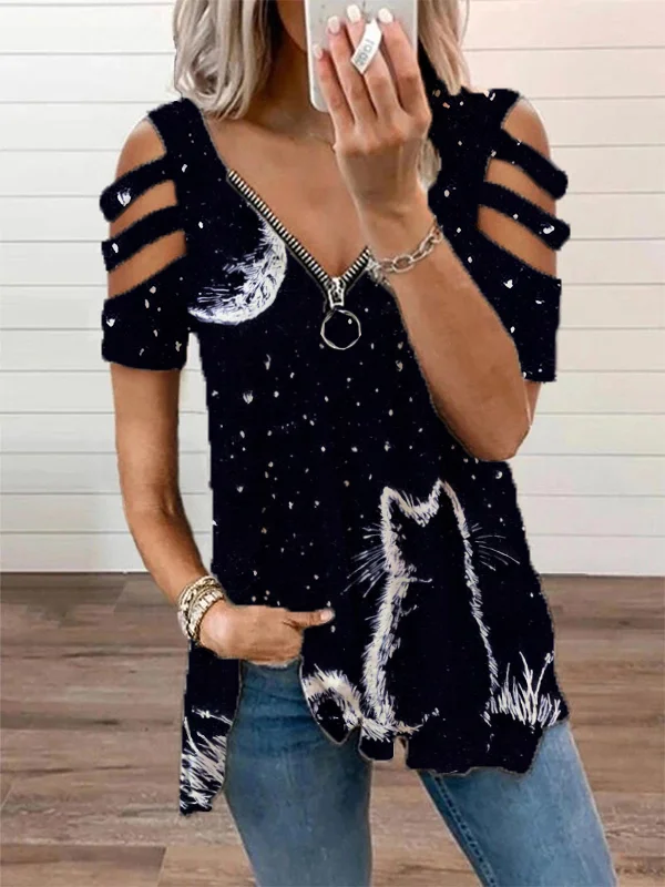 Cat Under The Moon Printed Cutout-Short-Sleeve Tee