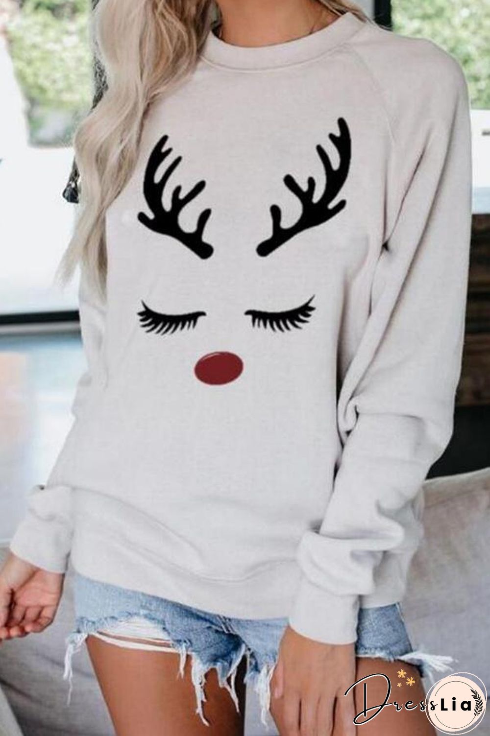 Elk Print Round Collar Sweatshirt P11421