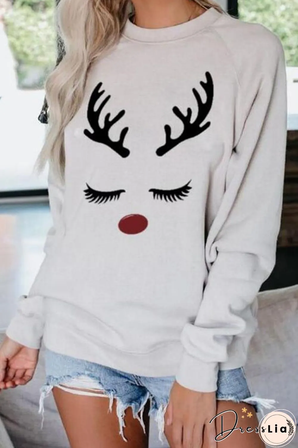 Elk Print Round Collar Sweatshirt P11421
