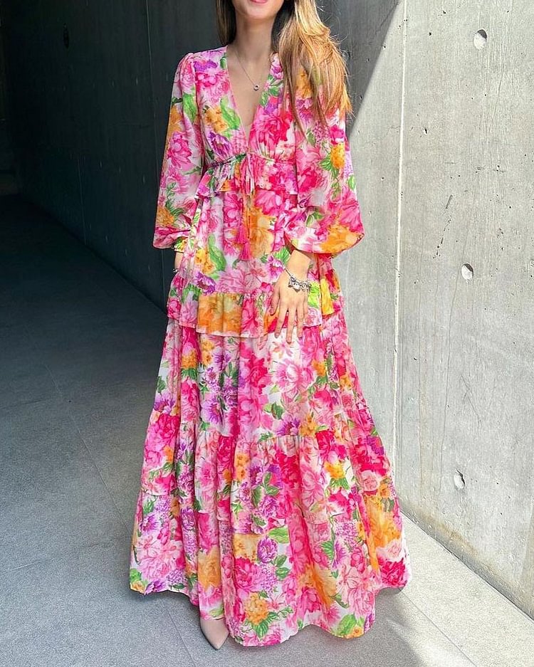 V-neck printed waist dress