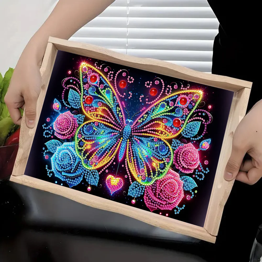 5D DIY Flower Butterfly Diamond Painting Wooden Serving Tray with Handle for Desk