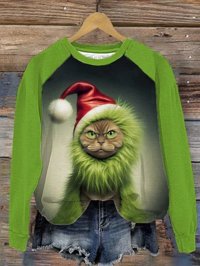 Women's Christmas Grinchy Cat Print Casual Sweatshirt