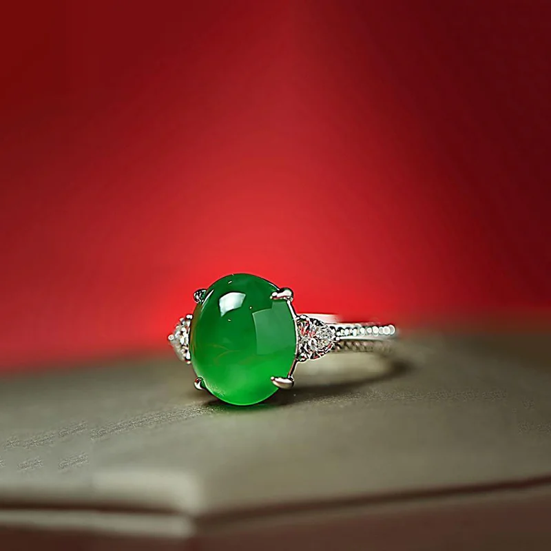 Natural Full Green Jadeite Egg-Shaped Ring - S925 Sterling Silver with Adjustable Open Band & 18K Heart-Shaped Zircon Accents