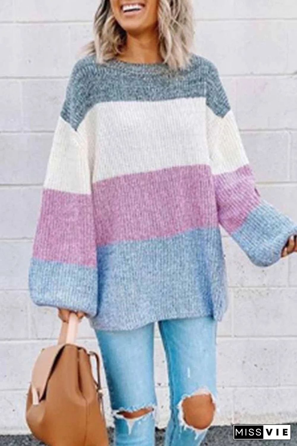 Contrast Striped Loose Round Neck Sweater