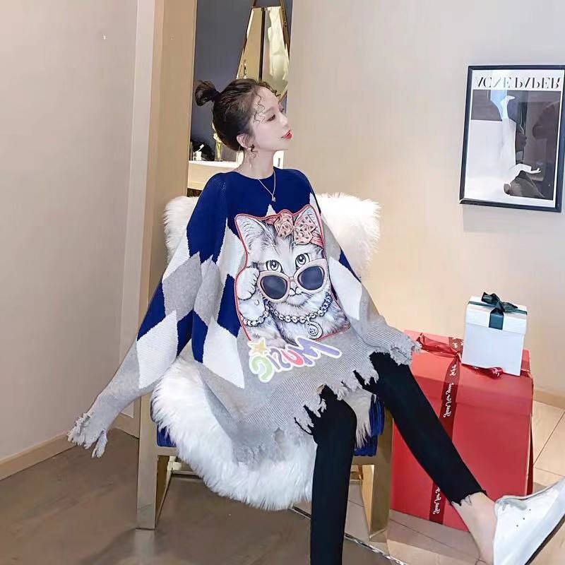 New Fashion Korean Style Thickened Mid-Length Beaded Cat Oversized V-Neck Sweater Autumn And Winter Western Women