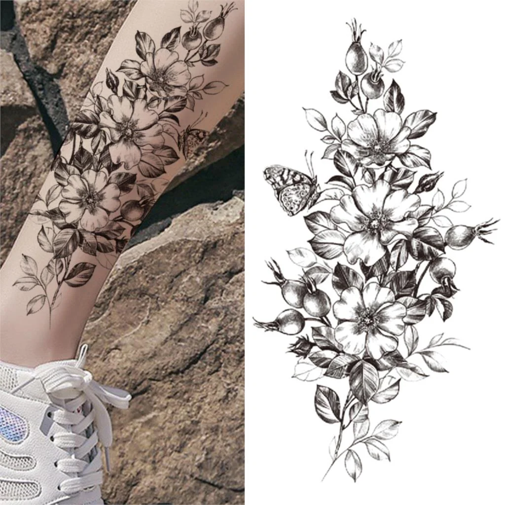 Geometry Rose Flower Temporary Tattoos For Women Girls Black Butterfly Bird Tattoo Sticker Fake Peony Geometric Body Art Tattos