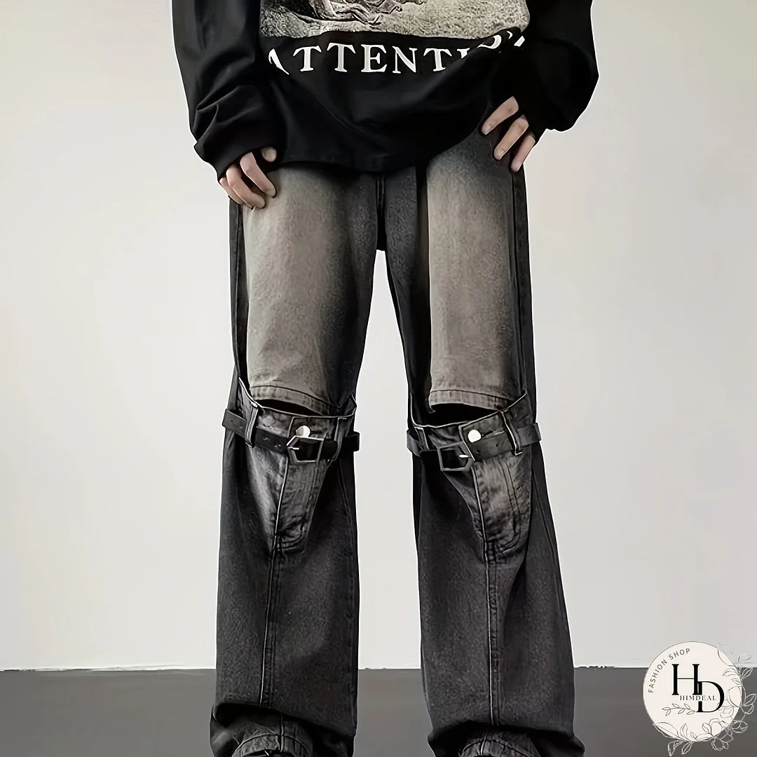 Men's Casual Loose Fit Jeans, Chic Street Style Distressed Retro Wide Leg Denim Pants
