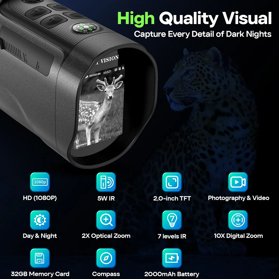 BEBANG 10X Night Vision Monocular, 1080P Infrared Monocular with 2" HD Screen, 2200mAh Rechargeable Battery for Camping Hiking & Security, 32GB