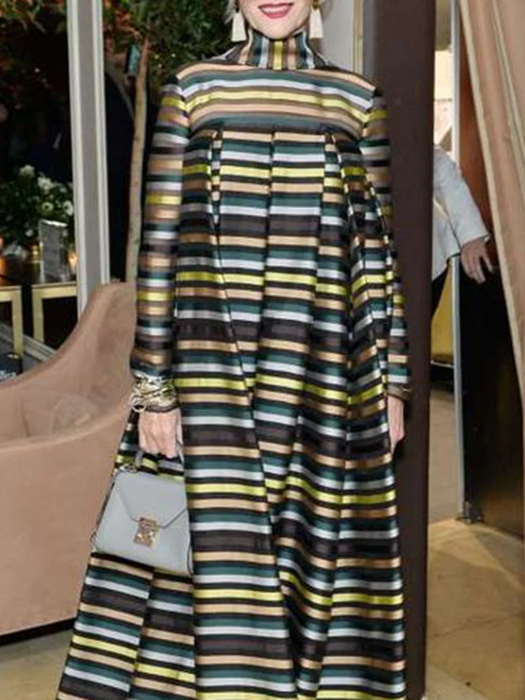 Turtleneck Prom Elegant Party Striped Maxi Dress