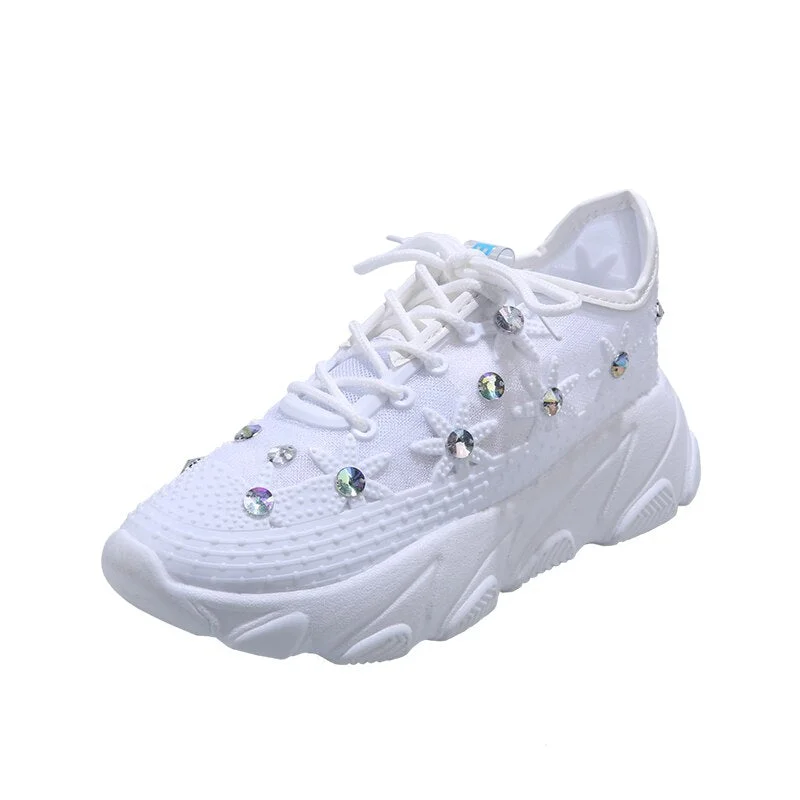 Breathable Air Mesh Crystal Sneakers Women Rhinestones Floral White Casual Shoes Woman Fashion Chunky Platform Trainers