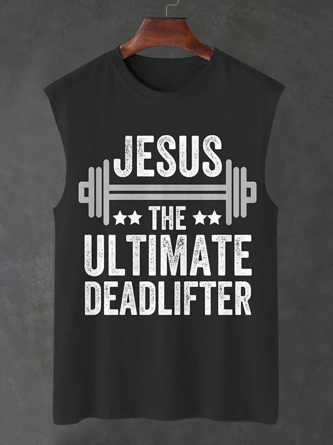 Men's Jesus The Ultimate Deadlifter Art Print Cotton Tank Top