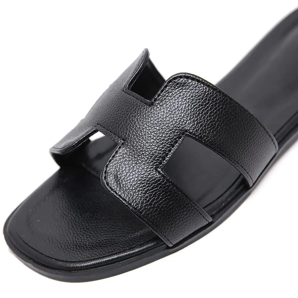 Women's Square Open Toe Summer Casual Flat Litchi Slippers-vocosishoes