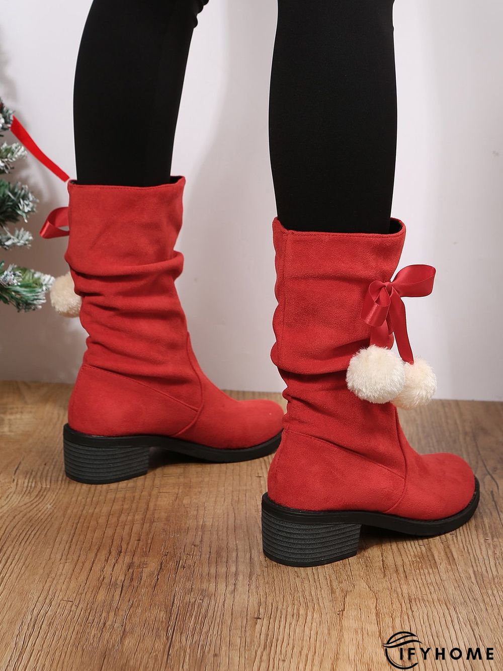 Christmas Pompom Decor Faux Suede Slouchy Boots | IFYHOME
