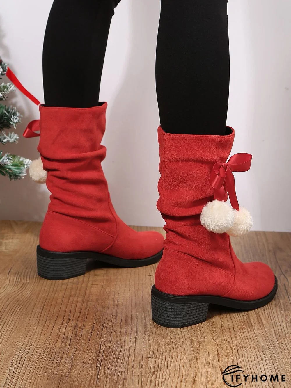 Christmas Pompom Decor Faux Suede Slouchy Boots | IFYHOME