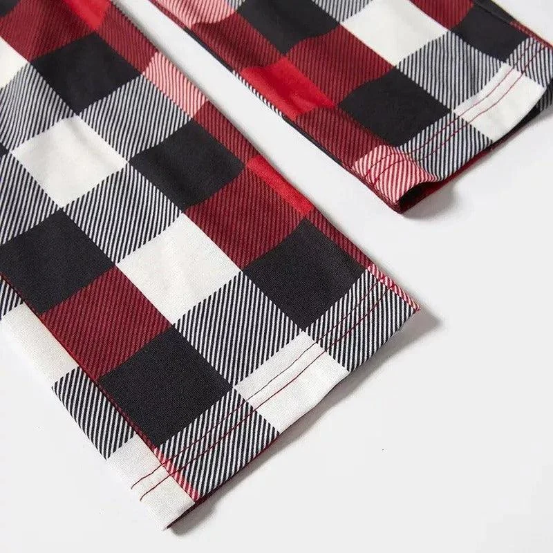 Christmas Tree & "Making Memories Together" Patterned Plaid Sleeve Contrast Tops and Red & Black & White Plaid Pants Family Matching Pajamas Set With Dog Bandana