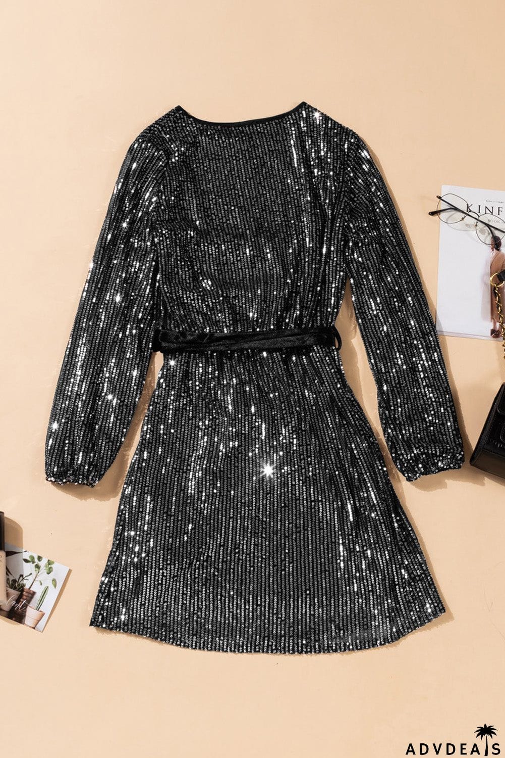 Wine Red Loose Long Sleeve Sequin Dress with Sash