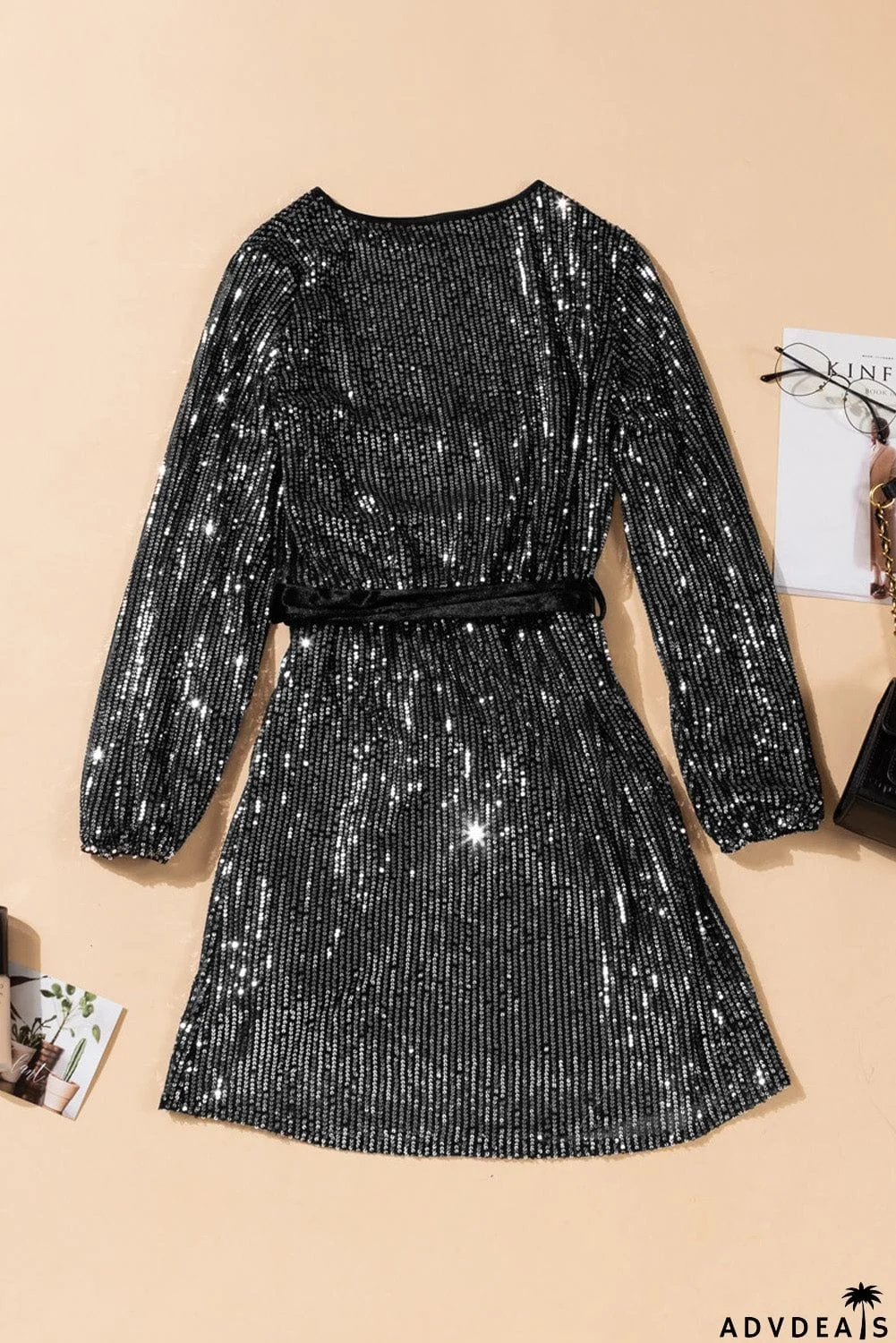 Wine Red Loose Long Sleeve Sequin Dress with Sash