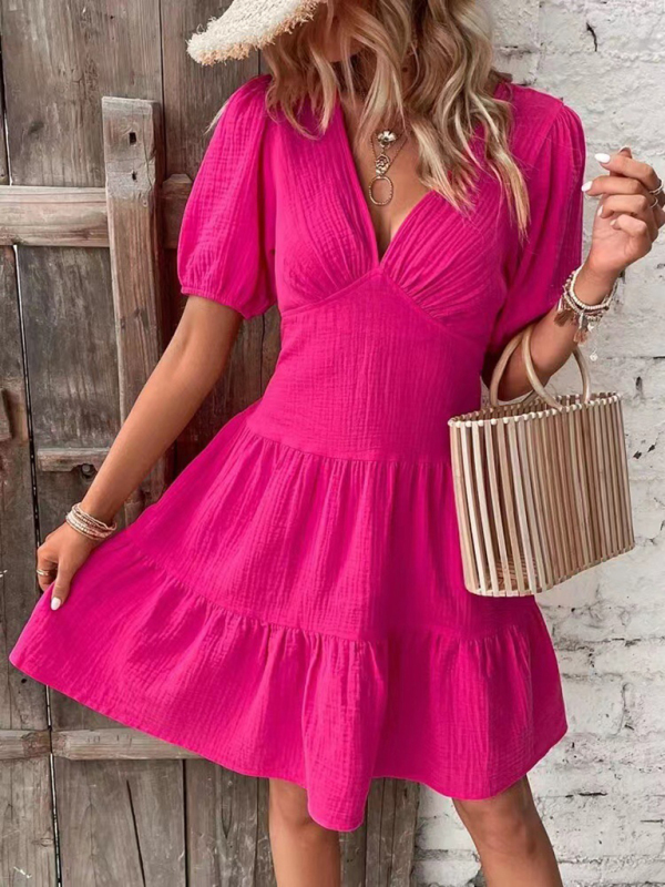 Mature Women Casual Summer New Solid Color Slim Skirt V-neck Short Dress