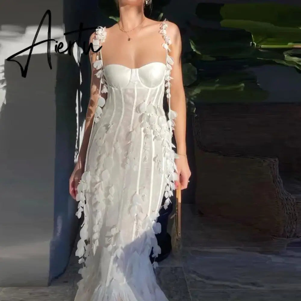 Aiertu Party Dresses White Pretty Elegant Mermaid Prom Spaghetti Strap Sleeveless 3D Appliques Women Cocktail Night Gowns Custom Made Aiertu
