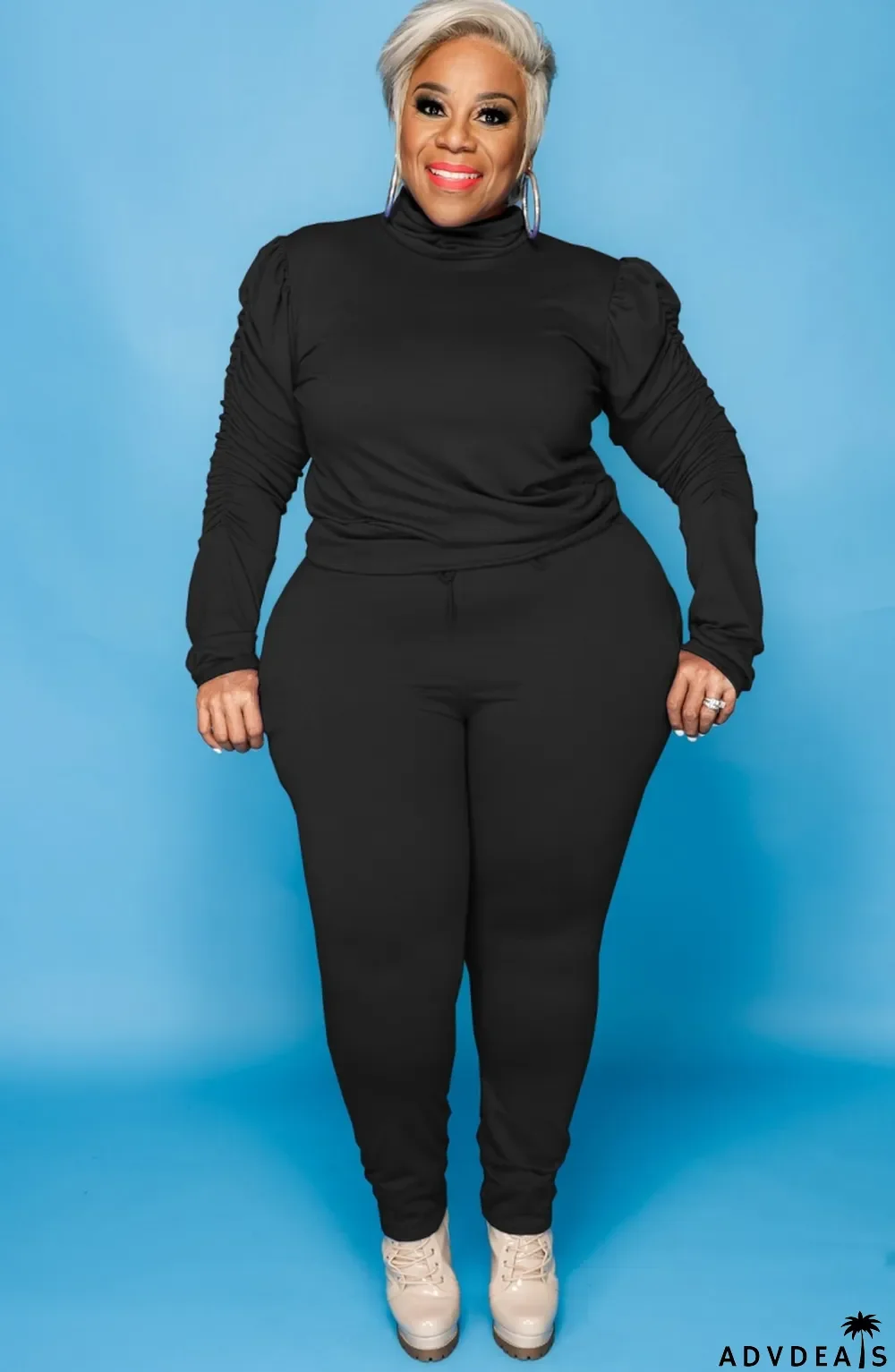 Fall Plus Size Black High Neck Ruffles Long Sleeve And Pant Two Piece Set