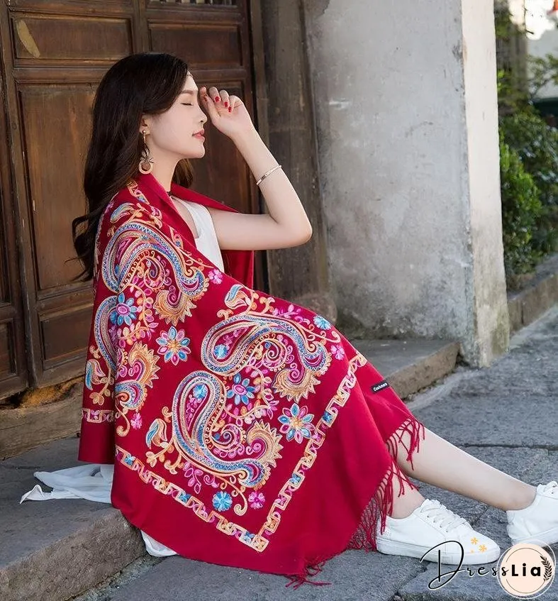 Tibetan and Nepal embroidered flower imitation cashmere scarf for women outside with sunscreen air-conditioning shawl