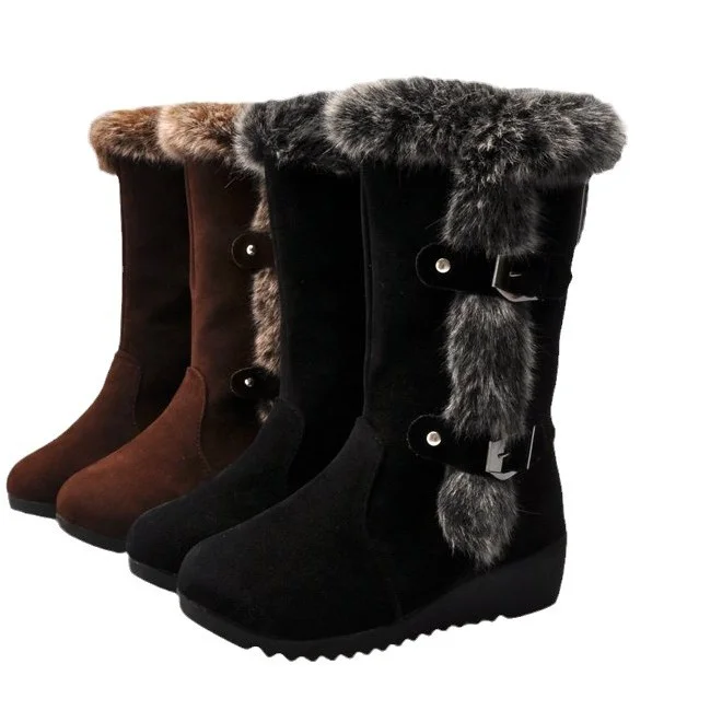 Yyvonne And Winter New Fur Snow Boots With Round Head Belt Buckle Warm Thick Mid-Slope And Cotton Boots Woman